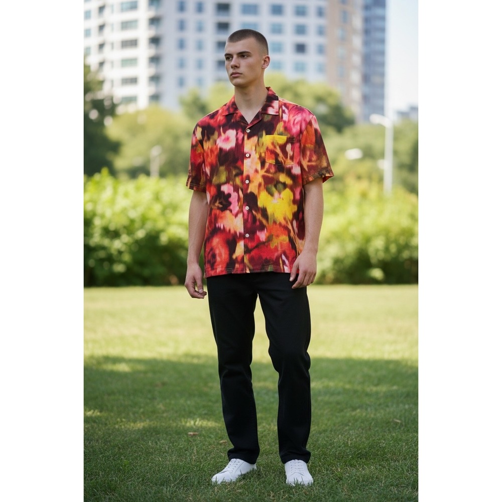 623 Massive Luxury Mens Abstract Floral Print Camp Collar Short Sleeve Shirt S